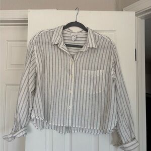 GAP Cream and Black Linen Striped Botton Down Boxy Shirt
